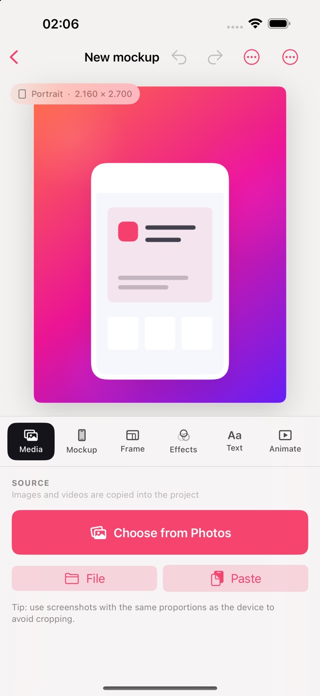 MockApp editor on iPhone displaying a colorful mockup